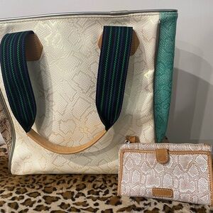 Consuela Elegant Cream and Tan Tote Bag with Matching Wallet